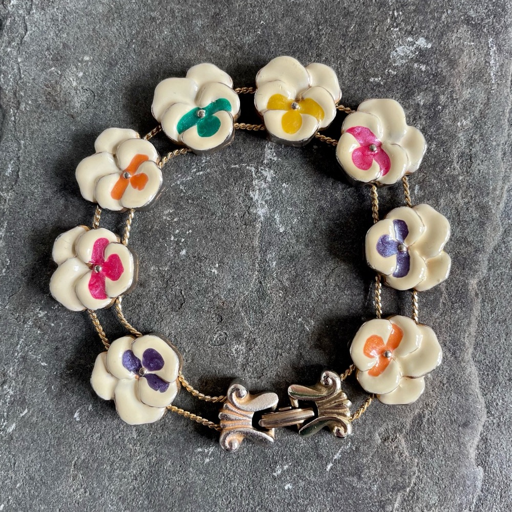 Vintage Enamel Flower Bracelet Spring Pansy Colorful